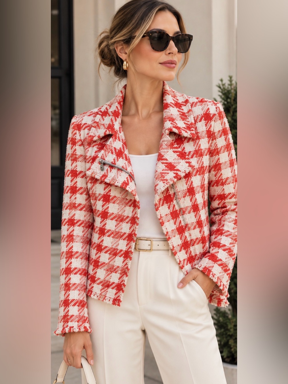 Ann Taylor XL Red Cream Houndstooth Tweed Moto Jacket Fringe Cotton Blend